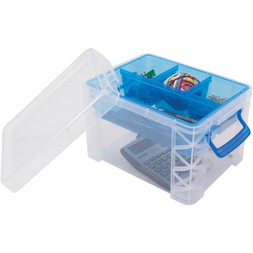 Super Stacker Storage Case, 7.5" W x 10.1" D x 6.5" H, 5 Dividers, Lid Lock, Stackable, Clear/Blue Plastic