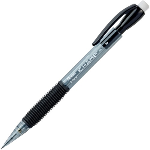 Pentel Mechanical Pencil, Champ, 0.9 mm, No. 2 Black Lead, Translucent Black Barrel, Latex-Free Ribbed Grip, Refillable, 12/DOZ