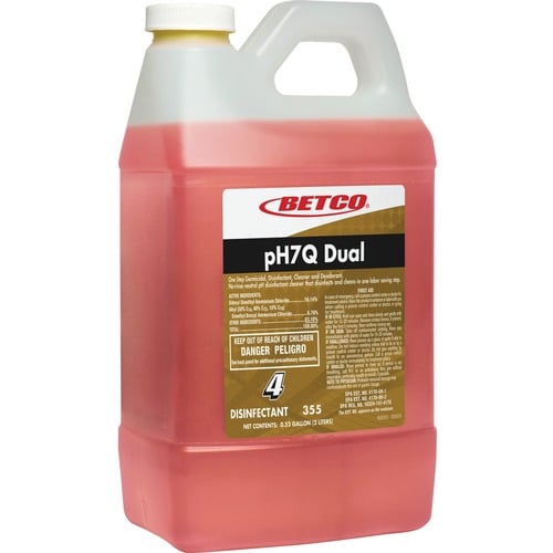 Betco pH7Q Disinfectant Concentrate, 67.6 fl oz (2.1 qt), 1:256 Dilution, pH Neutral, Pleasant Lemon Scent, Spill-Proof, 4/CT