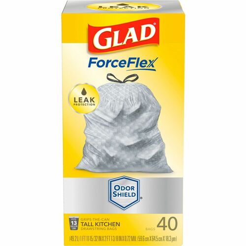 Glad ForceFlex Tall Kitchen Drawstring Trash Bags - OdorShield - 13 gal Capacity - 23.74" Width x 24.88" Length x 0.72 mil (18 Micron) Thickness - Drawstring Closure - Gray - Commercial, Home, Indoor, Office, Outdoor, Restaurant, Garbage - 40 / Box