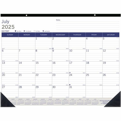 Blueline DuraGlobe Academic Monthly Desk Pad - Academic - Julian Dates - Monthly - 13 Month - July 2025 to July 2026 - 1 Month Single Page Layout - 22" x 17" Sheet Size - 2 x Holes - Desk Pad - Blue/Gray - Paper - 17" Height x 22" Width - Notes Area, Rein