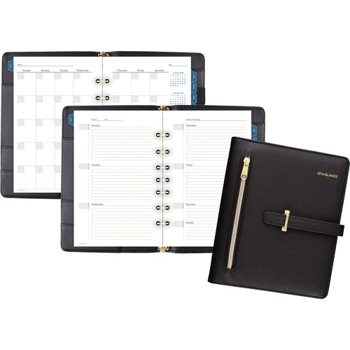 At-A-Glance Buckle Closure Undated Desk Start Set - Julian Dates - Weekly, Monthly - 8:00 AM to 5:00 PM - 1 Month, 1 Week Double Page Layout - 5 1/2" x 8 1/2" Sheet Size - 7-ring - Desk - Black - Faux Leather - Reference Calendar, Tab Closure, Appointment