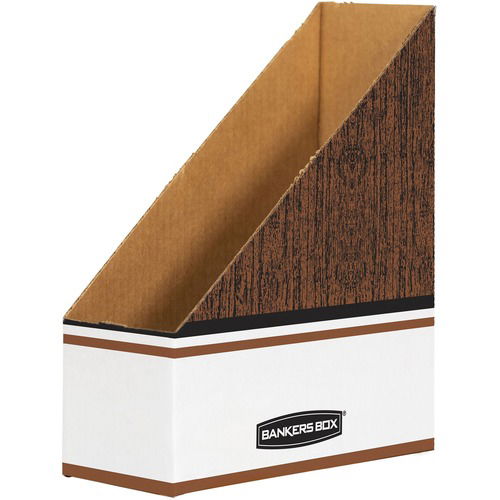 Bankers Box Magazine File, Letter Size, 4" W x 9" D x 11.5" H, Wood Grain/White, Corrugated Cardboard, 12/CT