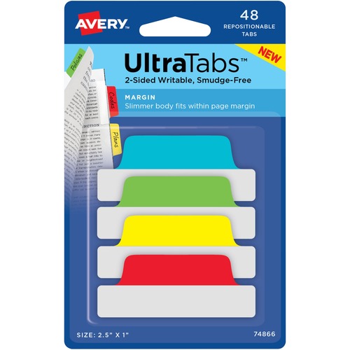 Avery File Tabs, Ultra Repositionable Margin, Writable Film/Paper, 2.5" x 1", Multicolor, 48/PK
