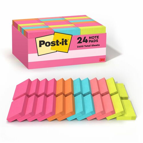 Post-it Notes, Cape Town Color Collection, 1.5" x 2" Rectangle, 100 Sheets/Pad, Multicolor, Self-Stick, 24/PK