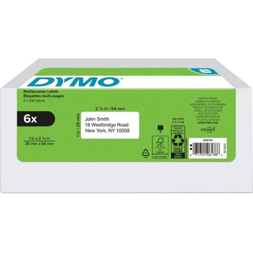Dymo, Address Labels, LabelWriter, 2 1/8" W x 1" H, White, Strong Adhesive, 500/Roll, 6/PK