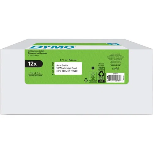 Dymo Multipurpose Labels, LabelWriter, 2 1/8" W x 1" H, Direct Thermal, White, 500/Roll, for LabelWriter Printers, 12/PK