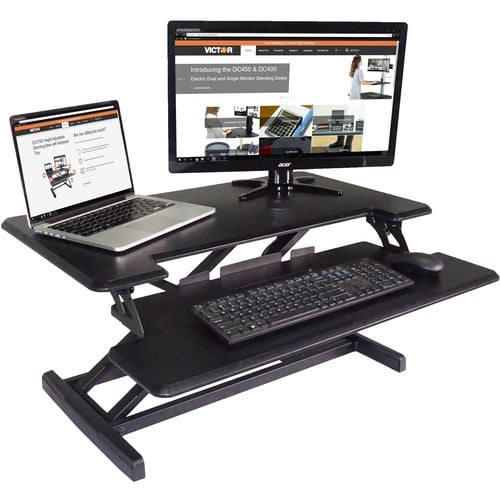 Victor Desktop Riser, High Rise, Height-Adjustable, 32.5" W x 18" D x 19" H, Keyboard Tray 32.5" x 13", Gas Spring, Gray/Black