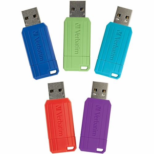 Microban Flash Drive, PinStripe, 32 GB, USB 2.0 Type A, Retractable, Assorted Blue/Green/Red/Purple/Teal, 5/PK