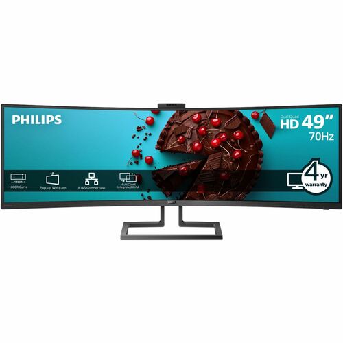 Philips Brilliance 499P9H 48.8" Webcam Dual Quad HD (DQHD) Curved Screen WLED LCD Monitor - 32:9 - Textured Black - 49" Class - Vertical Alignment (VA) - 5120 x 1440 - 16.7 Million Colors - Adaptive Sync (DisplayPort/HDMI) - 450 Nit - 5 ms - 60 Hz Refresh