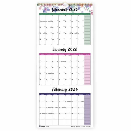Blueline Wall-Mount Calendar, Floral, 3-Month per Page, 14-Month Dec 2025-Jan 2027, 12.25" x 27", Twin Wire, Hook, Notes Area, Moon Phases