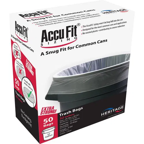 Heritage Trash Bag, AccuFit Reprime, 32 gal, 33" x 44", 0.9 mil, Clear LLDPE, for Rubbermaid Waste Containers, 50/Box, 6/CT