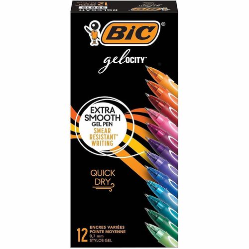 BIC Gel-ocity Gel Pen, Retractable, 0.7 mm Medium, Gel Ink, Assorted, Comfortable Grip, 12/PK