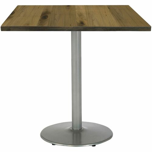 KFI Cafeteria Table, 36" Bar Height, Square Vintage Wood Laminate Top, Round Steel Base, Silver Finish