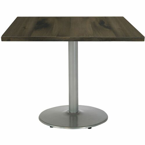 KFI Table Desk, Cafe Height, 30" Square, Barnwood Vintage Wood Top, Pedestal Base, Silver Frame