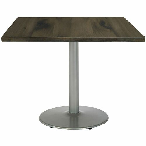 KFI Pedestal Table, Cafe Height, 42" Square Vintage Wood Top, Barnwood Finish, Silver Pedestal Base
