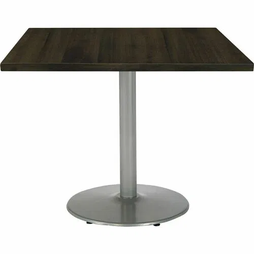 KFI 42" Square Pedestal Table, Vintage Wood Laminate Top, Espresso Finish, Silver Base, Cafe Height