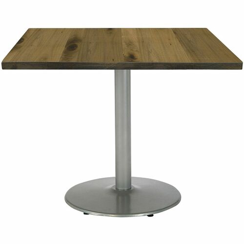 KFI Pedestal Table, Cafe Height, 42" Square, Vintage Wood Top, Silver Round Base