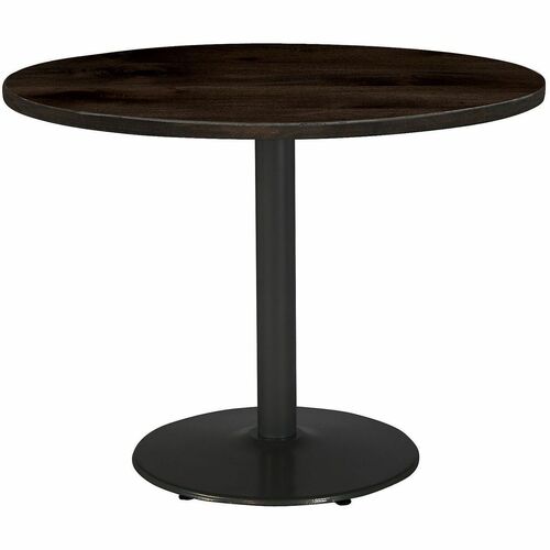 KFI Cafeteria Table, Cafe Height, 30" Round, 30" H, Vintage Wood Top, Espresso, Solid Steel Base, Leveling Glides
