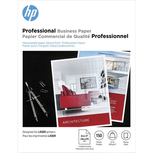 HP Brochure/Flyer Paper, 8.5" x 11", 52 lb (200 g/m2), Glossy Smooth, 97 Brightness, Laser, White, 150/PK