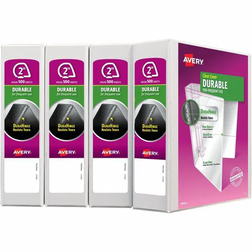 Avery Durable View Ring Binder, 3-Ring, 2" Capacity, Letter 8.5" x 11", 530-Sheet, White Polypropylene, 4/PK