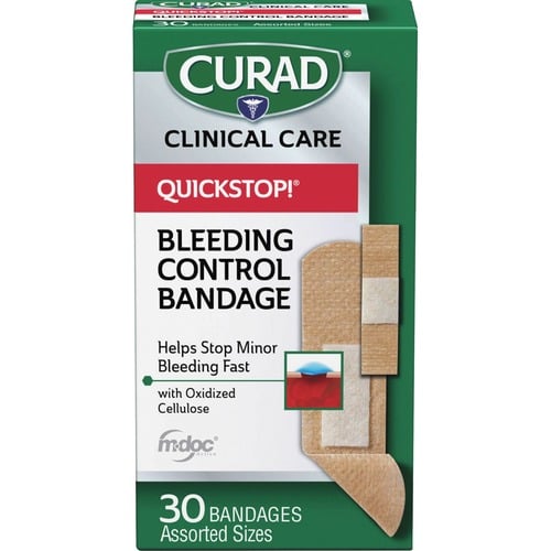 Curad Adhesive Bandages, QuickStop, Assorted Sizes, White Fabric, Nonstick Pad, Bleeding Control, 30/Box