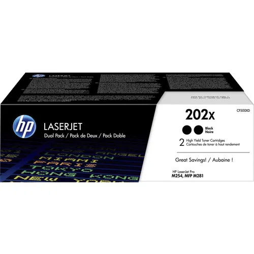 HP 202X (CF500XD) Toner Cartridge, Black, High Yield, 3,200 Pages, for Color LaserJet Pro M254dw, MFP M280, MFP M281fdw, 2/CT