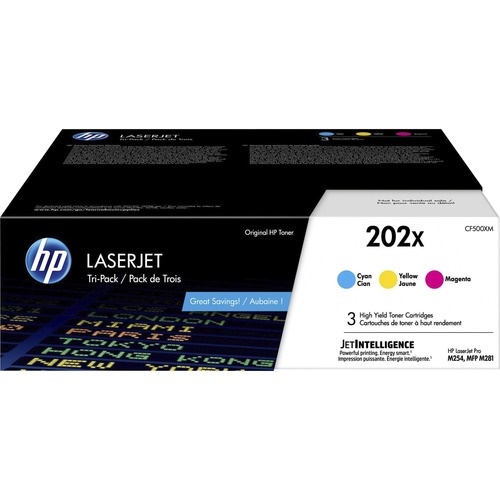HP 202X (CF500XM) Toner Cartridge, High-Yield, Cyan/Magenta/Yellow, 2,500-Page, for Color LaserJet Pro M254dw/M280/M281fdw, 3/CT