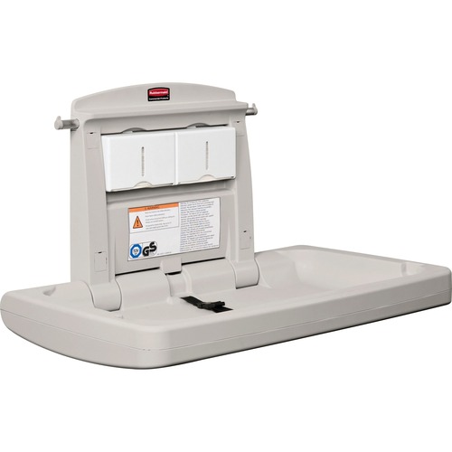 Rubbermaid Commercial Horizontal Baby Changing Station, Antimicrobial, 50 lb Capacity, Liner Dispenser (Holds 40), Hooks, Shelf