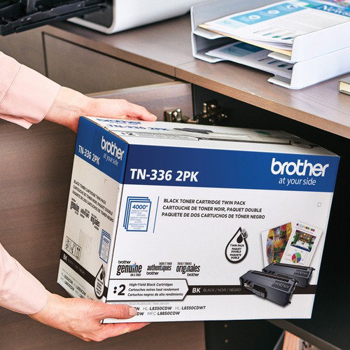 Brother TN336 Toner Cartridge, High-Yield Black Laser, 4,000 Page Yield, for HL-L8250/HL-L8350/MFC-L8600/MFC-L8850 Series, 2/Box