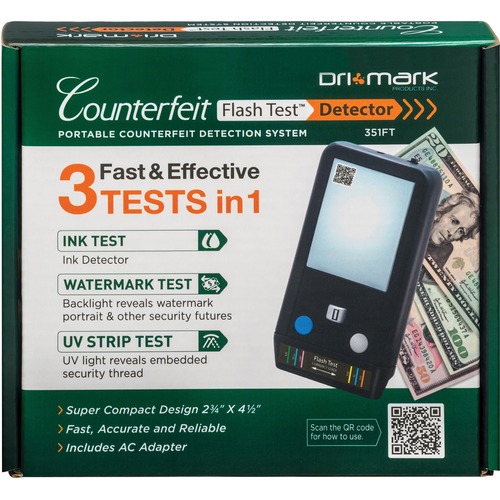 Dri Mark, Currency Verification System, Flash Test, Ultraviolet, Watermark, Ink Sensors, 1 Second, AC Powered, Black, 2.8" x 4.5" x 0.7"