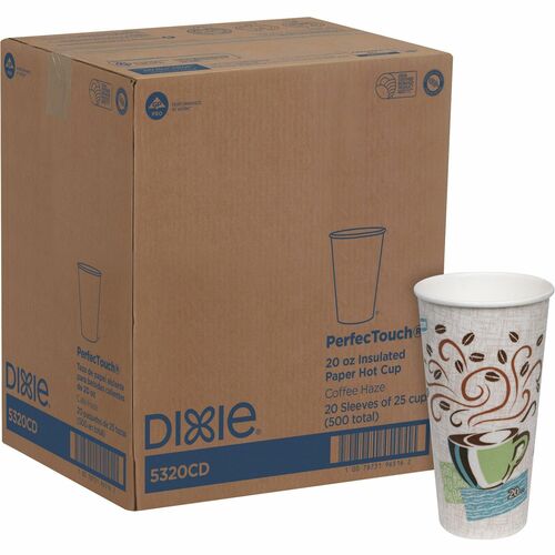 Dixie PerfecTouch 20 oz Insulated Paper Hot Coffee Cups by GP Pro - 20 fl oz - White, Green, Brown - Paper - Hot Drink - 25/Pack - 20 / Carton