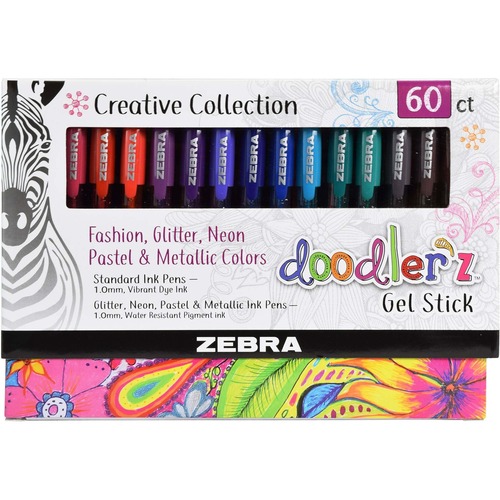 Zebra Pen Doodlerz Gel Pens, 1 mm Bold Needle Tip, Water-Based Ink, Assorted Metallic and Neon, Triangular Translucent Barrel, 60/PK