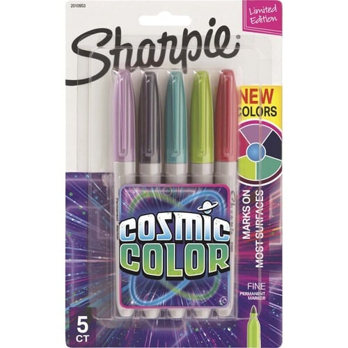 Sharpie Permanent Markers, Cosmic Color, Fine Point, Assorted Colors (Boysenberry, Navy, Aqua, Venus Green, Jupiter Red), 5/PK