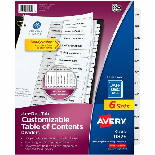 Avery Tab Dividers, Ready Index, Jan-Dec Preprinted, 8.5" x 11", White Paper, Printable, Laser/Inkjet Compatible, 12/SET, 6/CT