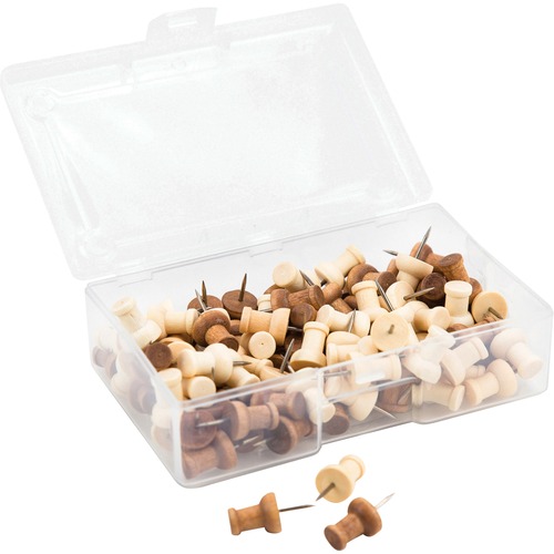 U Brands Wood Push Pins, Natural, 0.38" Shank, 0.25" Head, Steel Point, Reusable Case, 100/PK