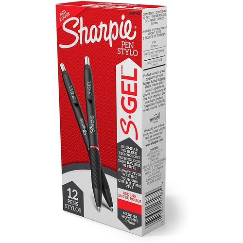 Sharpie Gel Pen, S-Gel, Retractable, 0.7 mm Tip, Red Ink, Contoured Comfort Grip, Matte Finish, 12/PK