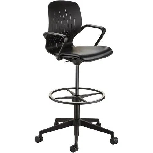 Safco Shell Extended-Height Drafting Chair, 22"-32" Seat Height, Black Vinyl Seat, Plastic Back, Adjustable Footring, 5-Star Nylon Base