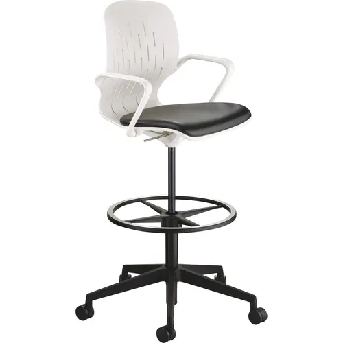 Safco Shell Drafting Chair, Extended-Height 22"-32", Black Vinyl Seat, White Plastic Back, Adjustable Foot Ring, 5-Star Nylon Base, Casters