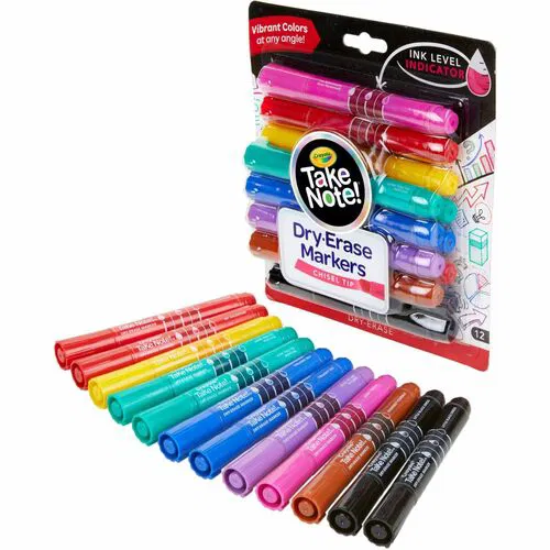 Crayola Take Note Dry Erase Markers, Chisel Tip, Assorted Ink, Low-Odor Quick-Dry Formula, Visible Level Indicator, Non-Toxic, 12/PK