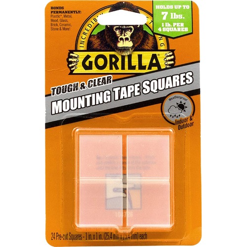 Gorilla Mounting Tape, Tough and Clear, 1" x 1" Precut Double-Sided, Holds 7 lb, Indoor/Outdoor, 24/PK