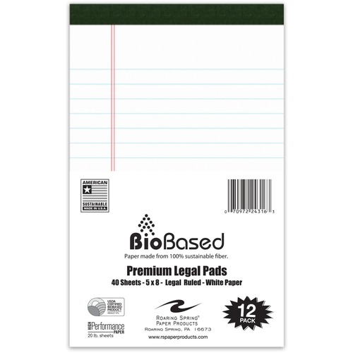 Roaring Spring USDA Certified Bio-Preferred Junior Size Legal Pads - 40 Sheets - 80 Pages - Printed - Stapled/Tapebound - Both Side Ruling Surface - Double Line Red Margin - 20 lb Basis Weight - 75 g/m² Grammage - 8" x 5" Sheet Size - 3" Height x 5" 