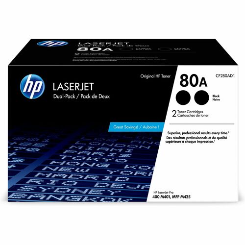 HP 80A, (CF280AD1) Toner Cartridge, Black, 2,560 Page Yield, Laser, for LaserJet Pro 400 M401/M425, 2/CT