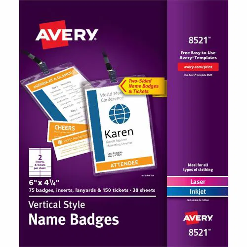 Avery, Name Badge Kit, Vertical, 4-1/4" x 6", White PVC, Includes Tickets and Lanyards, for Laser and Inkjet Printers, 75/Box