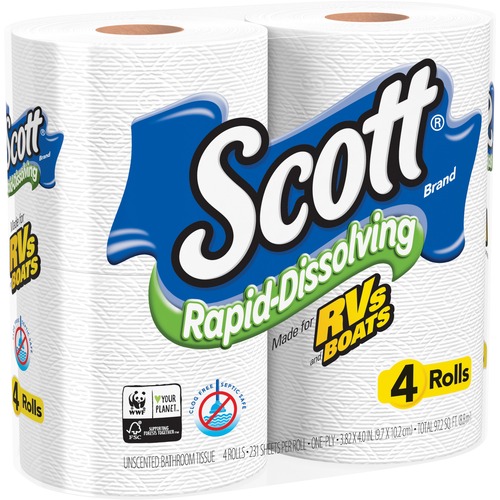 Scott Bathroom Tissue, Rapid-Dissolving, Septic-Safe, Soft, Absorbent, White, for RVs, Boats, Buses, 4/PK, 12/CT