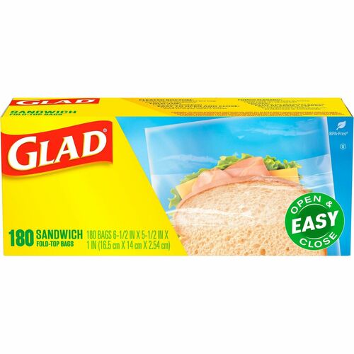 Glad Food Storage Bags, Sandwich Fold-Top, 6.5" W x 5.5" L, Clear Plastic, Pleated Bottom, Microwave-Safe, 180/Box