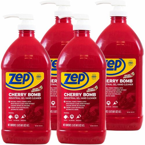 Zep Gel Hand Cleaner, 1.5 qt, Natural Pumice, Mild Cherry Scent, Moisturizing, Red, 4/CT