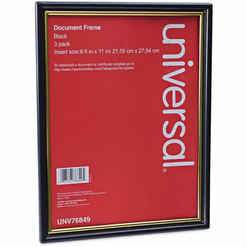Universal Products Document Frame, Wall-Mount, 8.5" x 11", Plastic, Black/Gold, Die-Cut Backing, Vertical/Horizontal, 3/PK