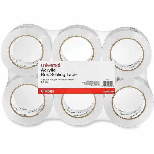 Universal Packaging Tape, 1.88" x 109 yd, 2 mil, 3" Core, Acrylic BOPP Backing, 27 lb/in, Clear, 6/PK