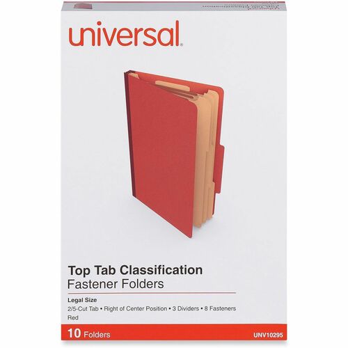 Universal 2/5 Tab Cut Legal Classification Folder - 8 1/2" x 14" - 3" Expansion - 8 Fastener - 2" Fastener Capacity - Top Tab Location - Right of Center Tab Position - 3 Divider - Red - 10 Box